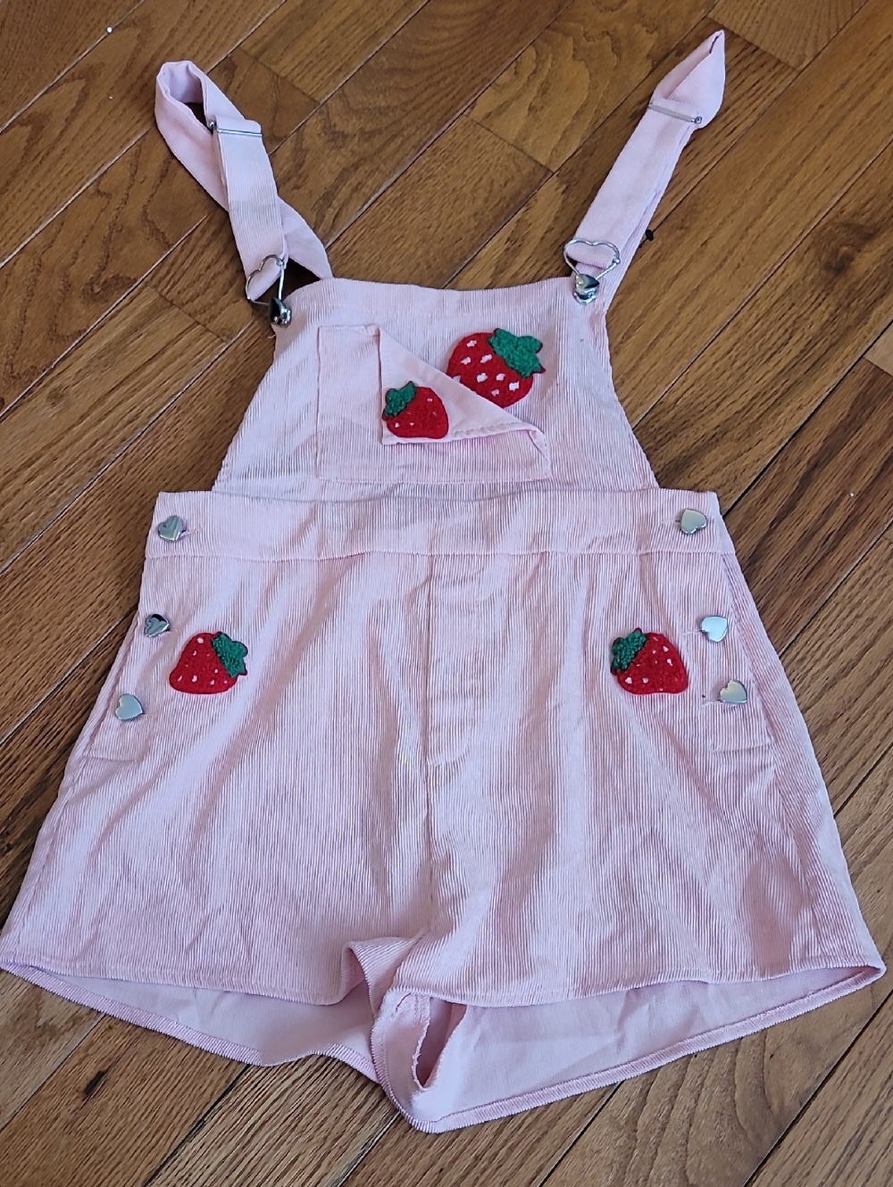 Pink Strawberry Embroidered Corduroy Shortalls